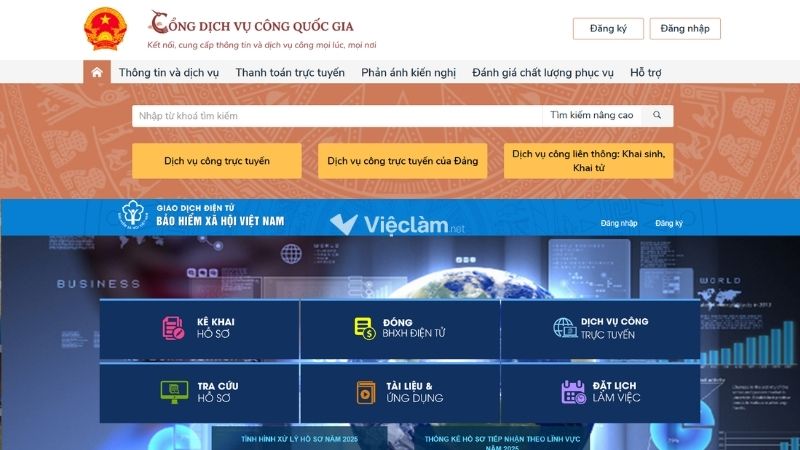 Trang chủ của Cổng Dịch vụ Công Quốc gia và Cổng Dịch vụ Công BHXH Việt Nam