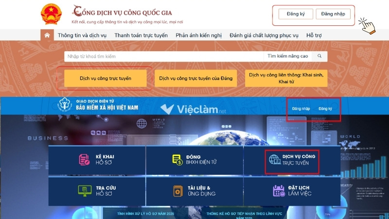 Giao diện trang chủ Cổng Dịch vụ công Quốc gia và Cổng Dịch vụ công BHXH Việt Nam 