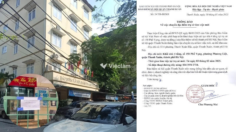 Trụ sở BHXH quận Thanh Xuân được chuyển sang Số 150 phố Vọng từ tháng 02/2025