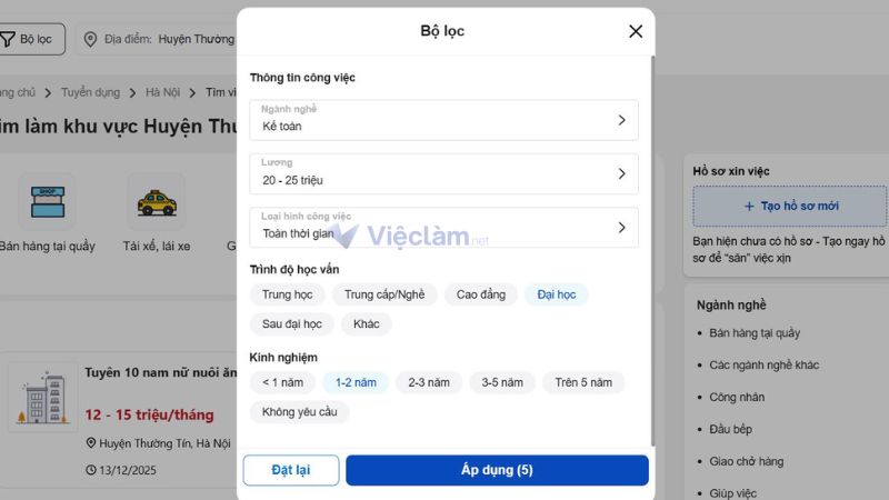 Sử dụng bộ lọc để tìm kiếm công việc phù hợp với nhu cầu.