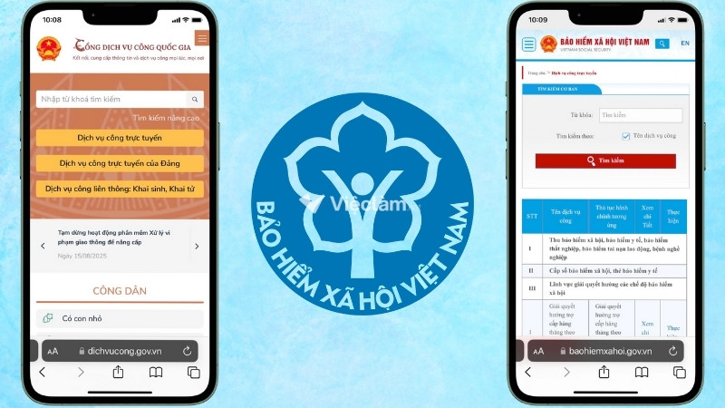 Giao diện Cổng Dịch vụ công Quốc Gia (bên trái) và Cổng Dịch vụ công BHXH Việt Nam (bên phải)