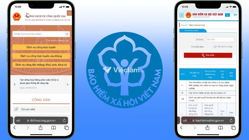 Màn hình giao diện Cổng Dịch vụ công Quốc gia (bên trái) và Cổng Dịch vụ công BHXH Việt Nam (bên phải)