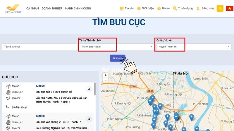 Người dân có thể sử dụng Cổng Vietnam Post để tìm bưu cục gần nhất huyện Thanh Trì