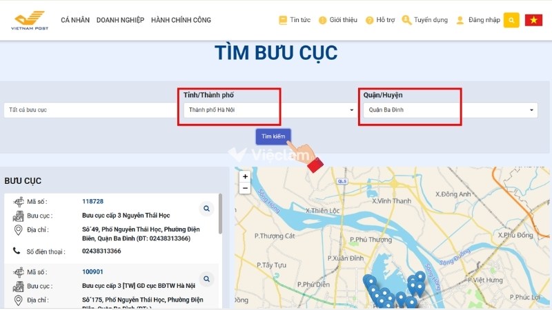 Người dân có thể truy cập vào Vietnam Post để tìm bưu cục gần nhất khu vực quận Ba Đình