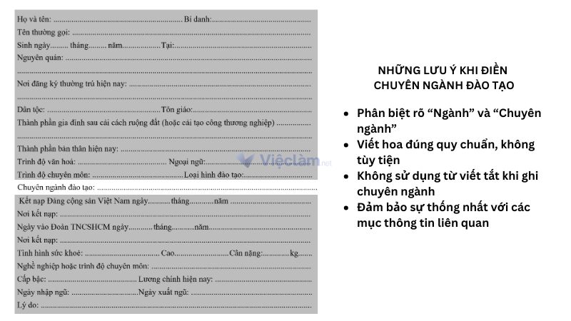 Các lưu ý khi điền chuyên ngành đào tạo trong sơ yếu lý lịch