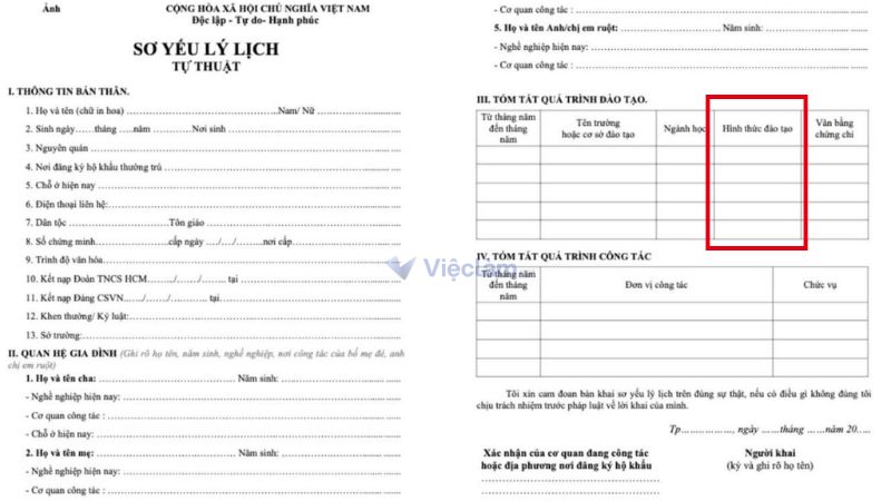 Vị trí của cột "Hình thức đào tạo" nằm trong mục "Tóm tắt quá trình đào tạo"