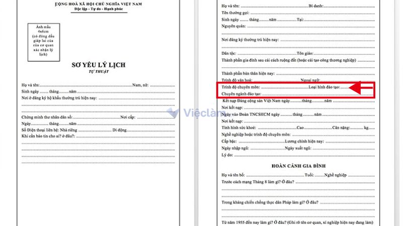Vị trí của hình thức đào tạo trong sơ yếu lý lịch ở mục "trình độ chuyên môn"