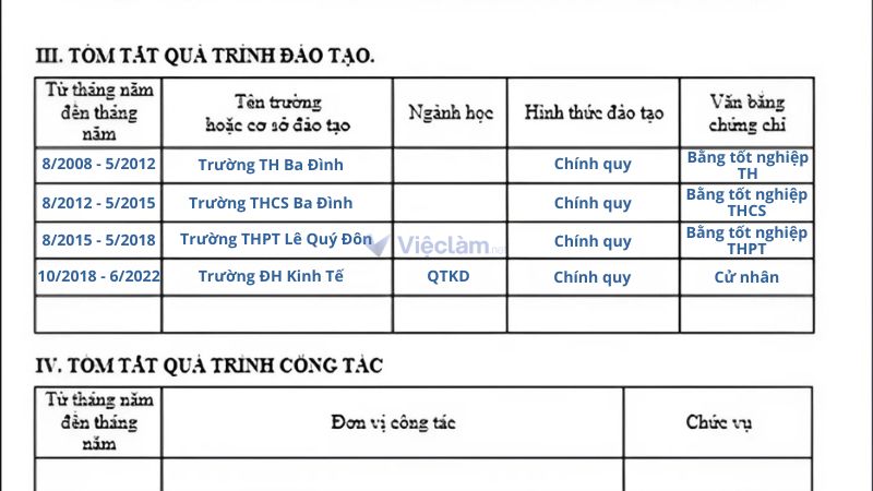 Người có nhiều quá trình học, hình thức đào tạo được ghi theo từng dòng tương ứng