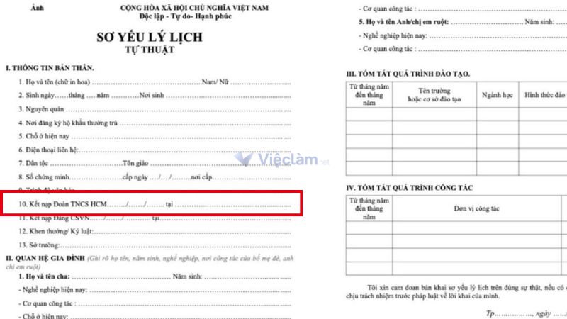 Vị trí mục nơi kết nạp Đoàn trong sơ yếu lý lịch xin việc
