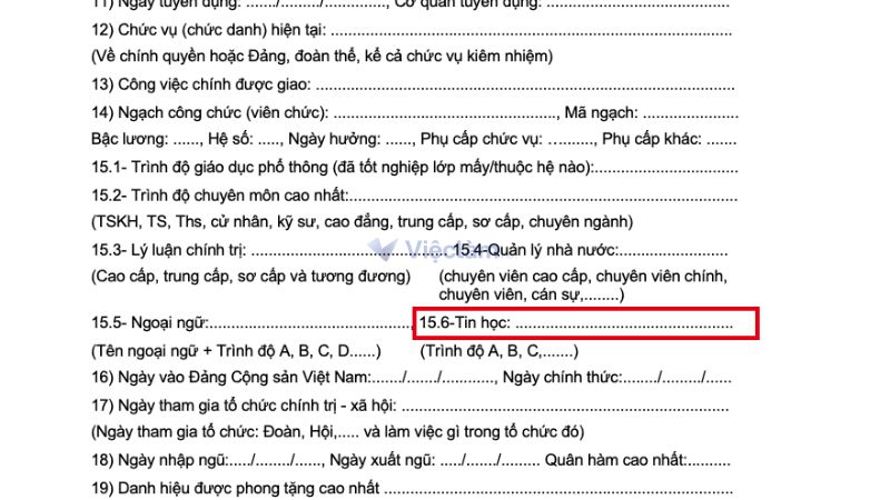 Vị trí của mục trình độ tin học trong sơ yếu lý lịch mẫu 2C-BNV/2008