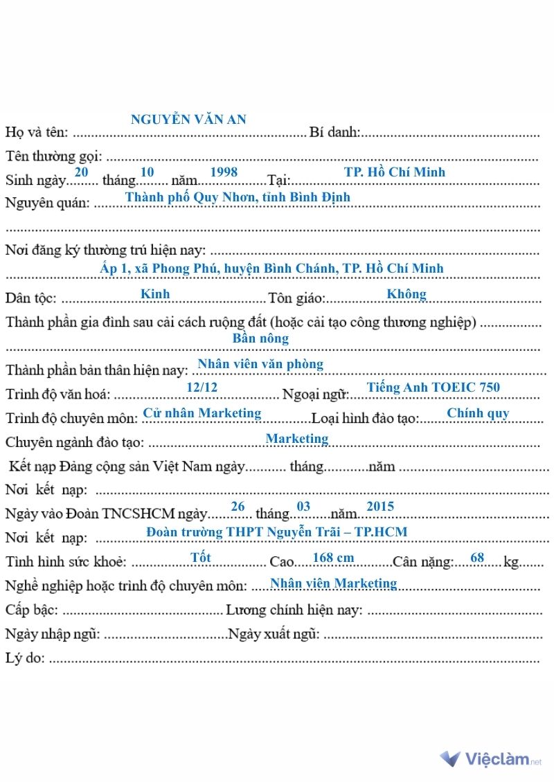 Mẫu hướng dẫn cách điền phần Thông tin cá nhân trong Sơ yếu lý lịch