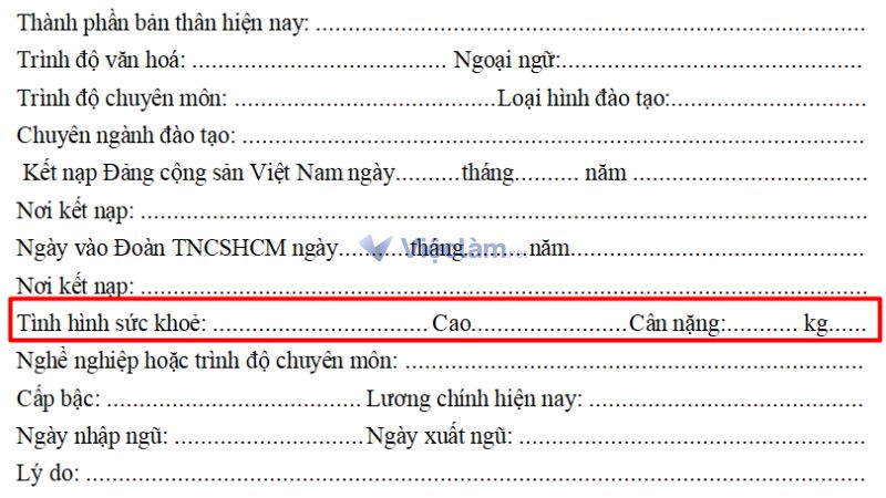 Vị trí mục tình trạng sức khỏe trong sơ yếu lý lịch