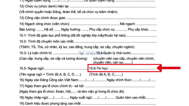 Mục trình độ tin học trong sơ yếu lý lịch