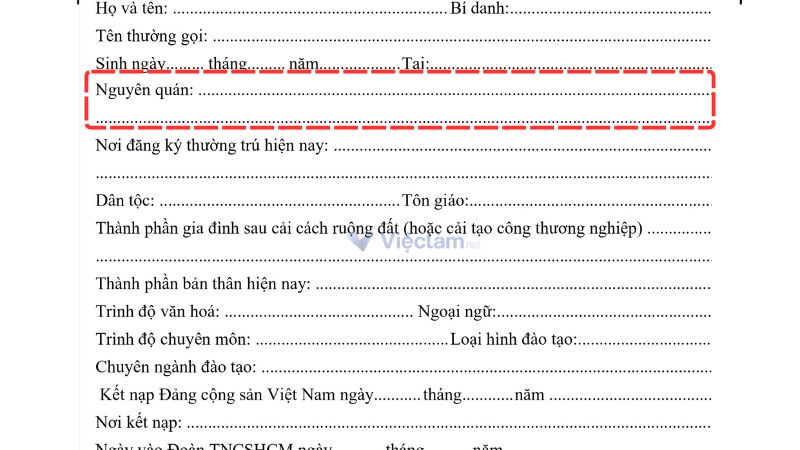 Mục nguyên quán trong sơ yếu lý lịch