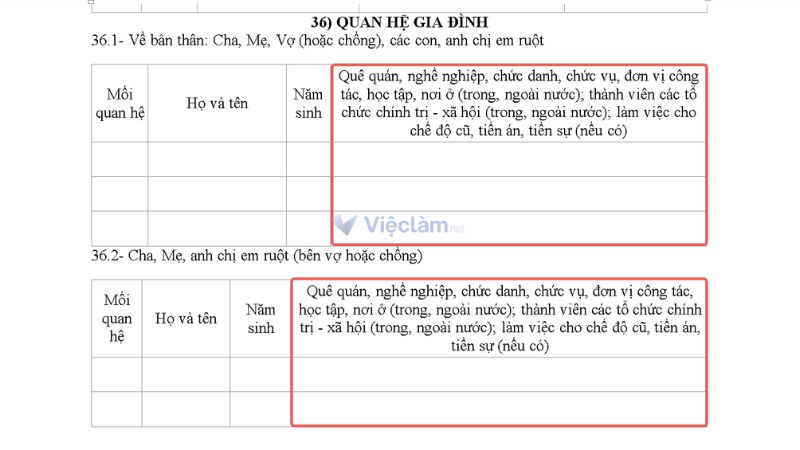 Vị trí ghi nghề nghiệp các thành viên gia đình trong sơ yếu lý lịch công chức, viên chức