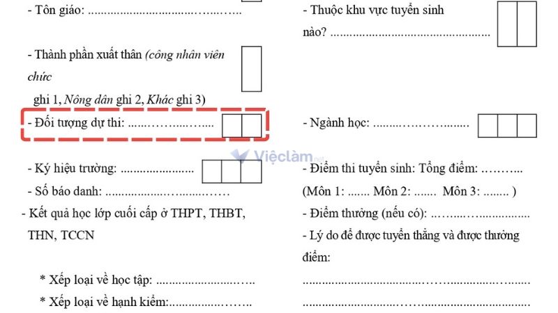 đối tượng dự thi trong sơ yếu lý lịch