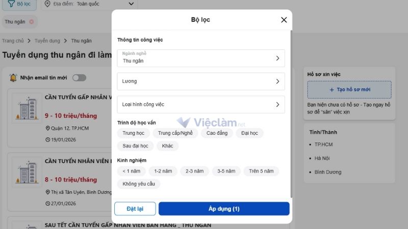 Tìm việc làm thu ngân tại Vieclam.net