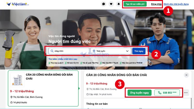 Các bước tìm việc làm công nhân trên Vieclam.net