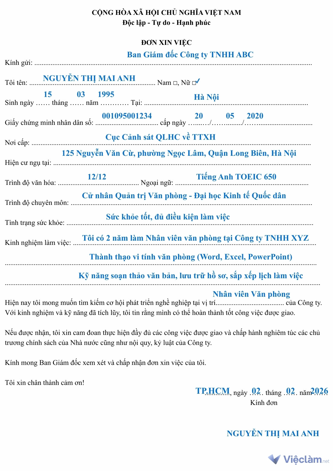 Tham khảo Mẫu đơn xin việc Nhân viên văn phòng