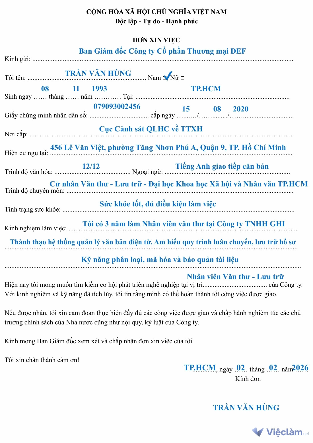 Tham khảo Mẫu đơn xin việc Nhân viên văn thư – lưu trữ