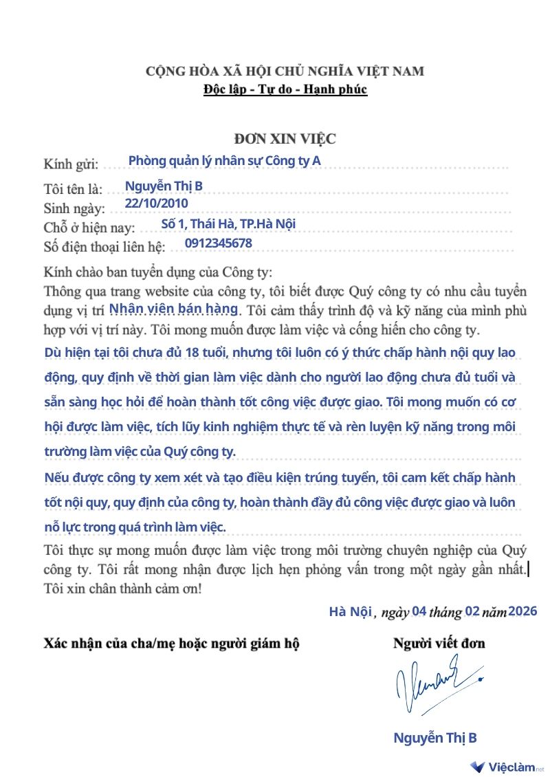 Cách viết Đơn xin việc cho người lao động chưa đủ tuổi