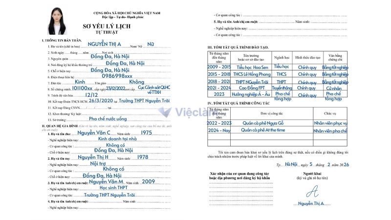 Mẫu cách điền sơ yếu lý lịch tự thuật