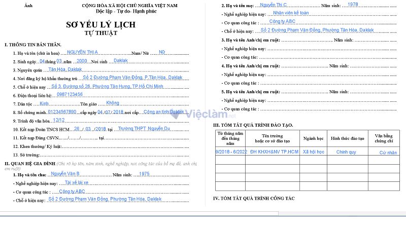 Mẫu sơ yếu lý lịch viết sẵn tại Vieclam.net