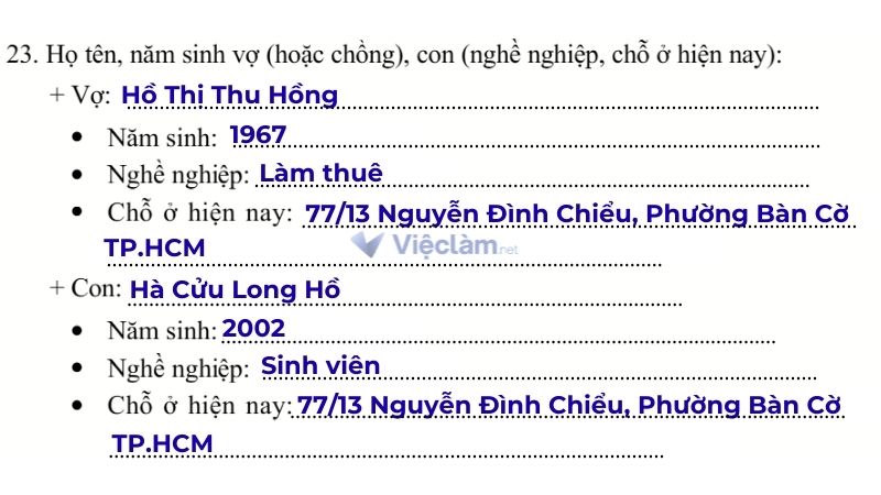 Cách điền phần quan hệ gia đình trong sơ yếu lý lịch