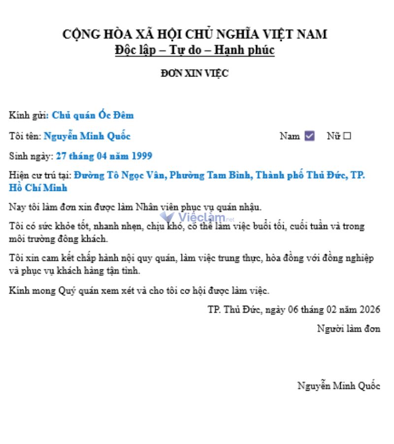 Mẫu đơn xin việc phục vụ quán nhậu