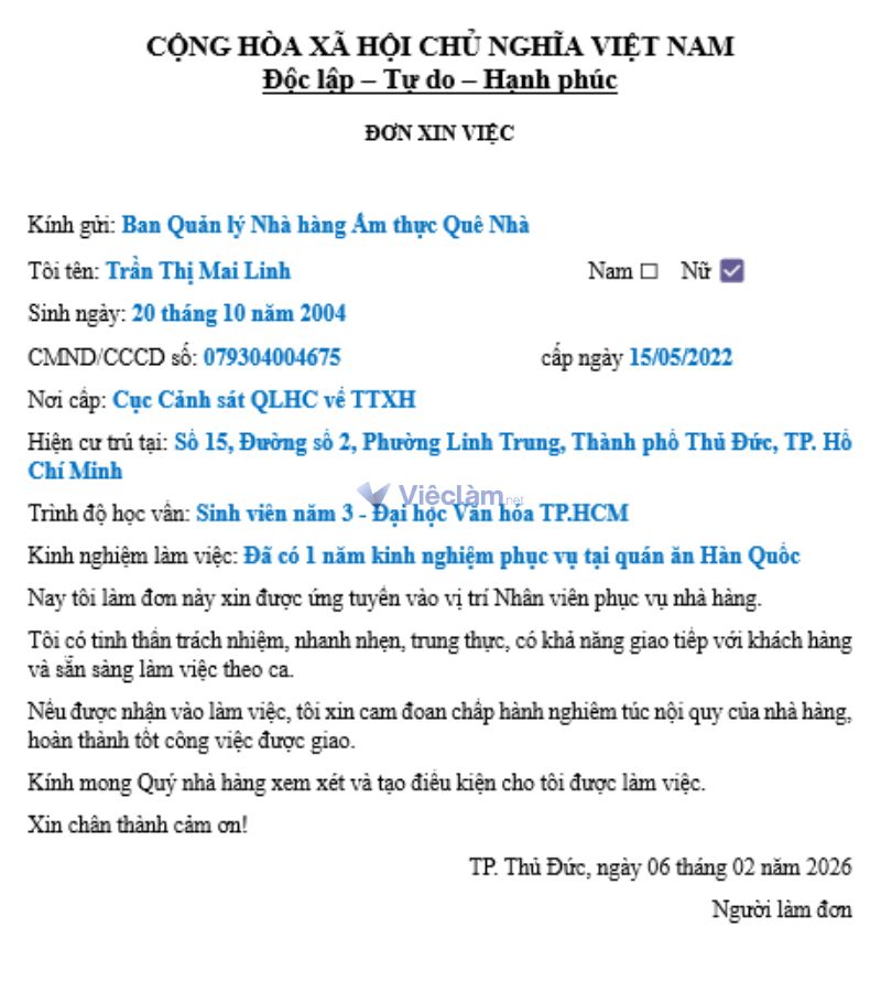 Mẫu đơn xin việc phục vụ chung cho các vị trí