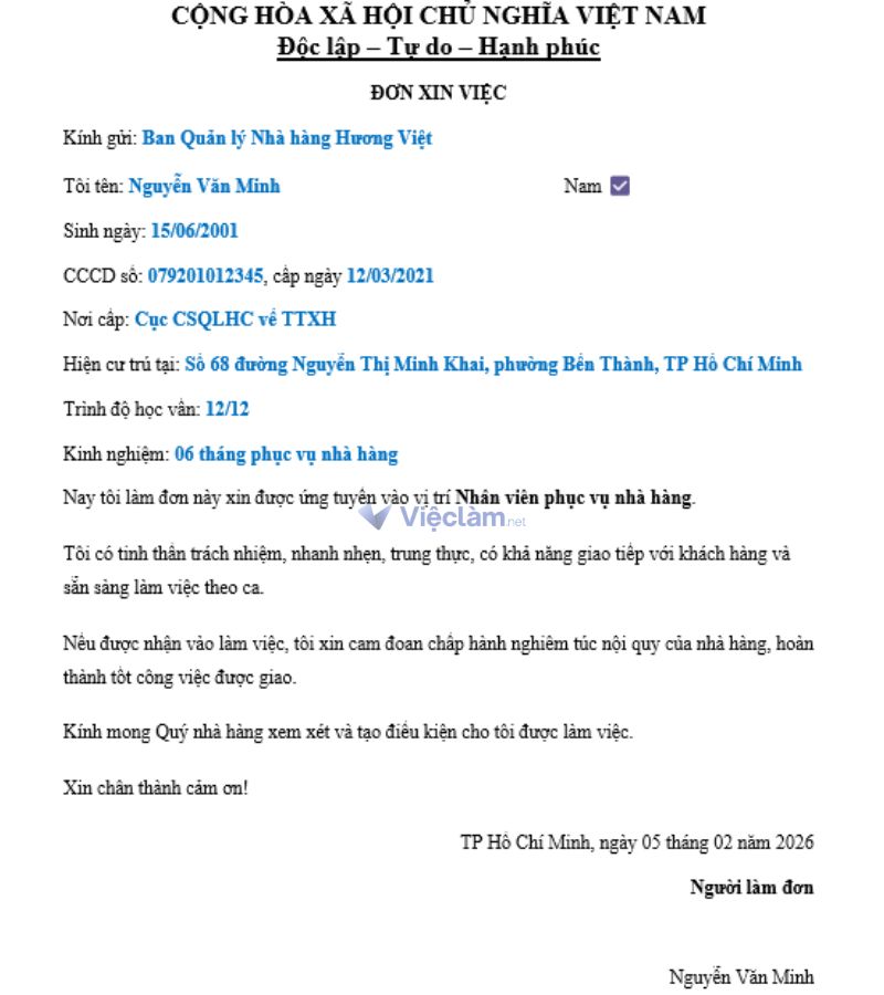 Mẫu đơn xin việc phục vụ nhà hàng