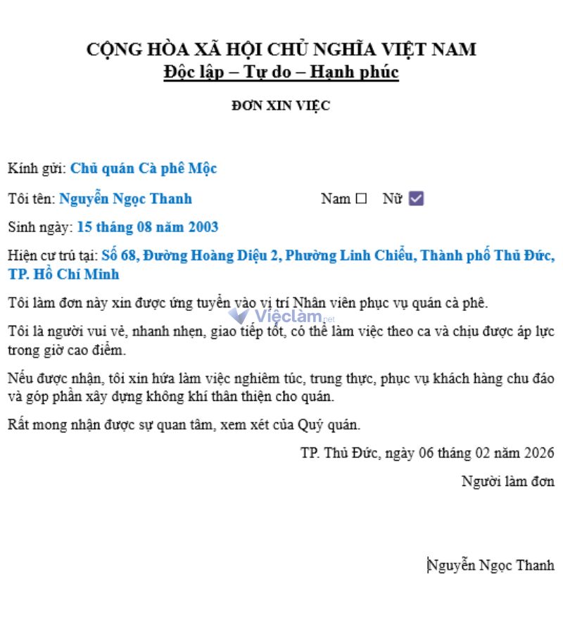 Mẫu đơn xin việc phục vụ quán cà phê