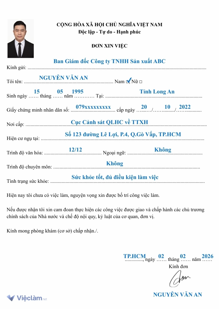 Mẫu đơn xin việc lao động phổ thông chung