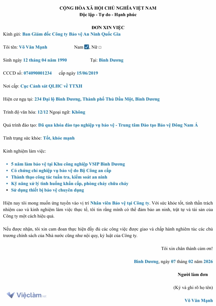 Tham khảo Mẫu đơn xin việc bảo vệ