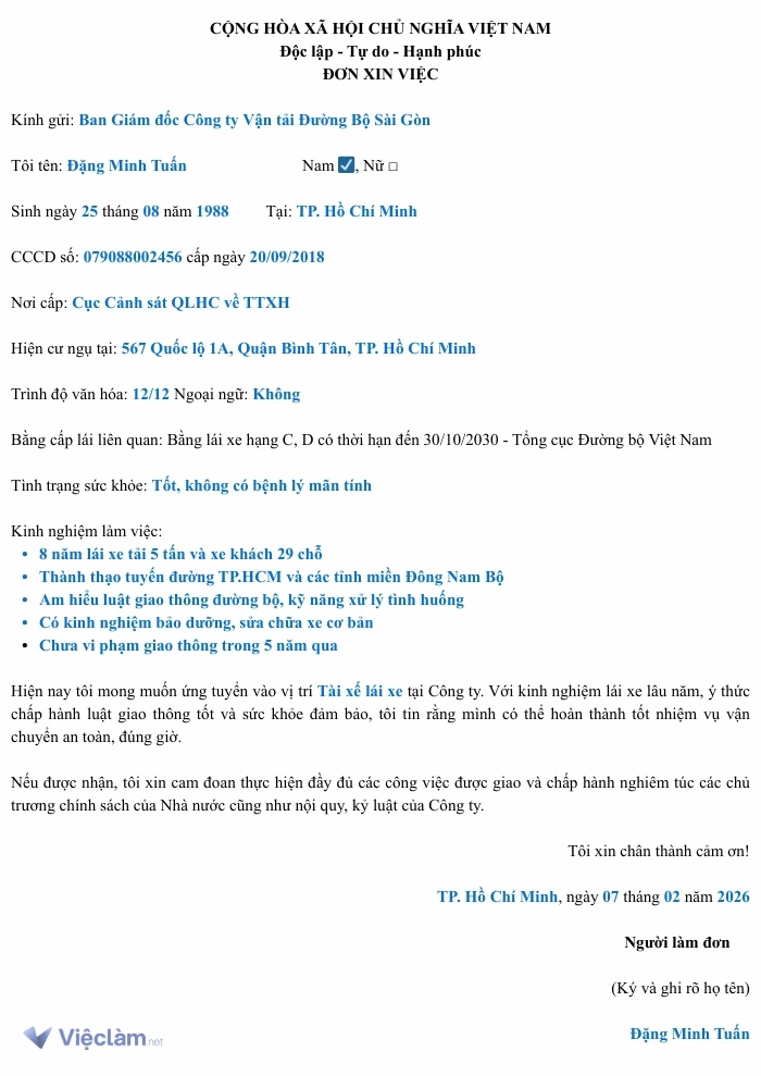 Mẫu đơn xin việc tài xế lái xe
