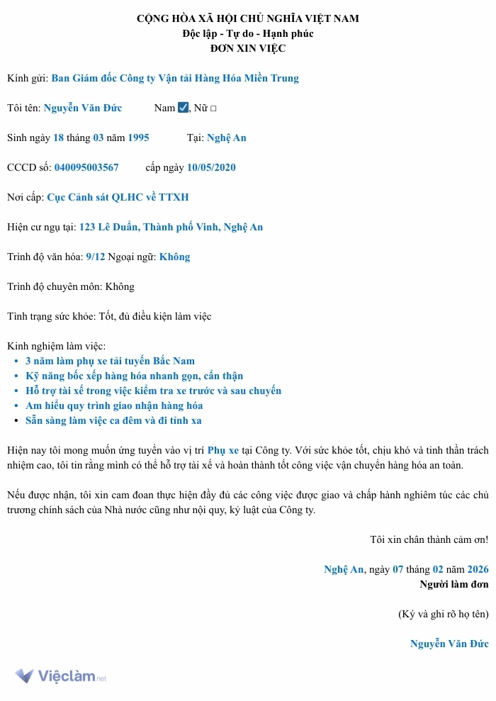 Tham khảo Mẫu đơn xin việc phụ xe
