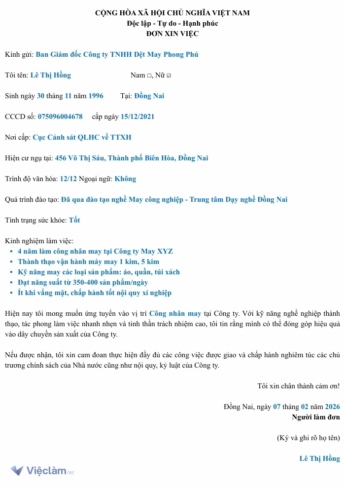 Tham khảo Mẫu đơn xin việc công nhân