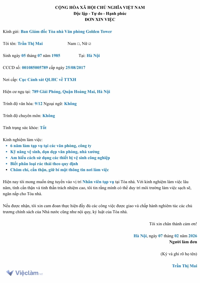 Tham khảo Mẫu đơn xin việc tạp vụ