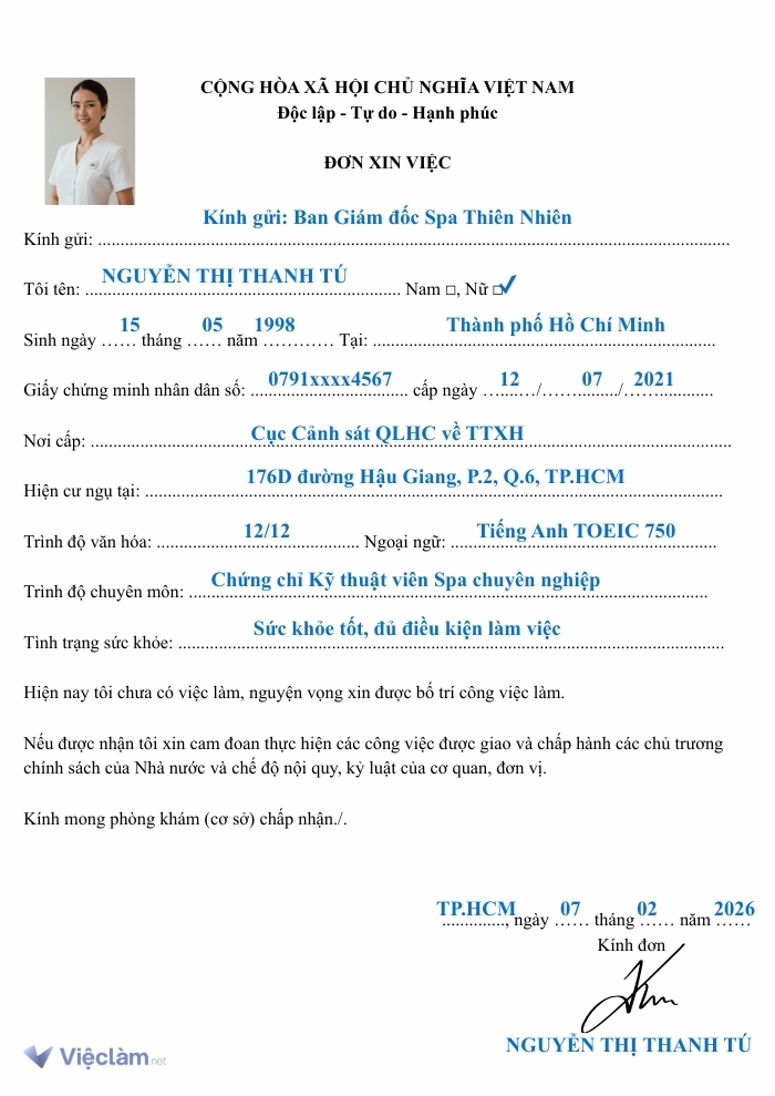 Hướng dẫn cách ghi đơn xin việc spa