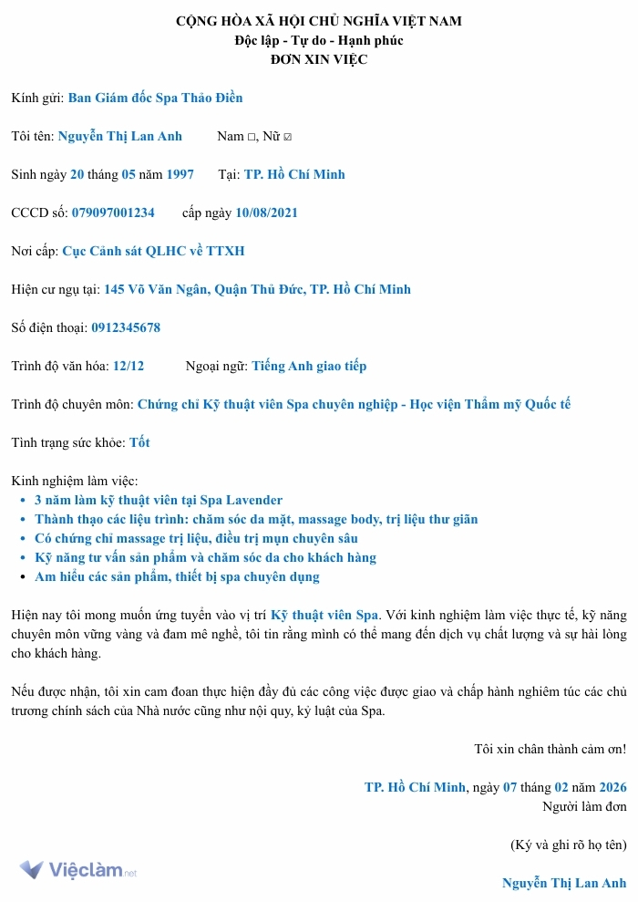 Mẫu đơn xin việc kỹ thuật viên spa