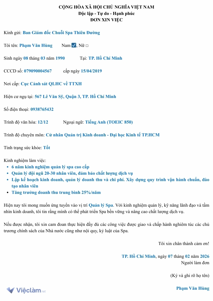 Mẫu đơn xin việc Quản lý spa