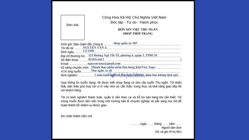 Mẫu đơn xin việc thu ngân Shop thời trang/Mỹ phẩm&nbsp;