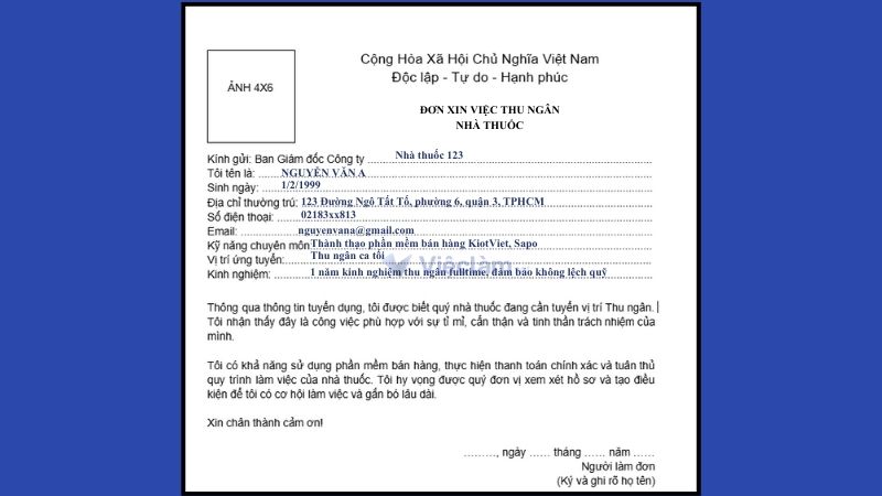 Mẫu đơn xin việc thu ngân Nhà thuốc