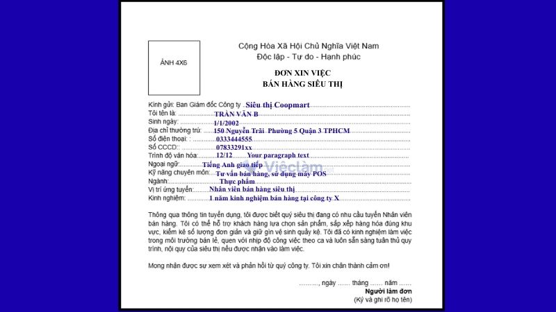 Mẫu đơn xin việc nhân viên bán hàng siêu thị