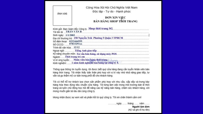 Mẫu đơn xin việc nhân viên bán hàng thời trang