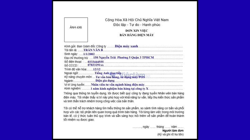 Mẫu đơn xin việc nhân viên bán hàng điện máy