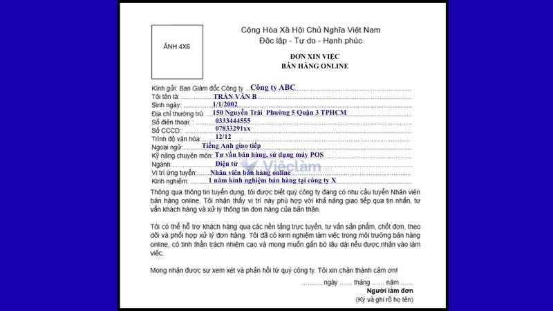 Mẫu đơn xin việc nhân viên bán hàng online
