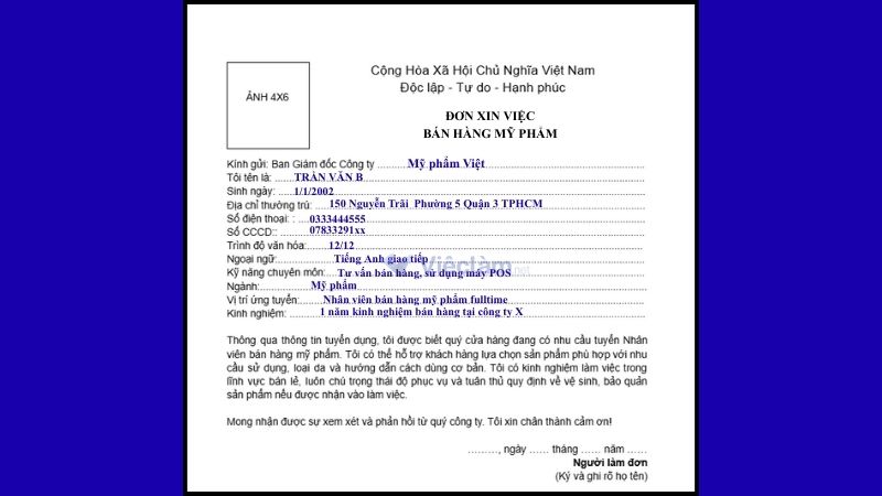 Mẫu đơn xin việc nhân viên bán hàng mỹ phẩm