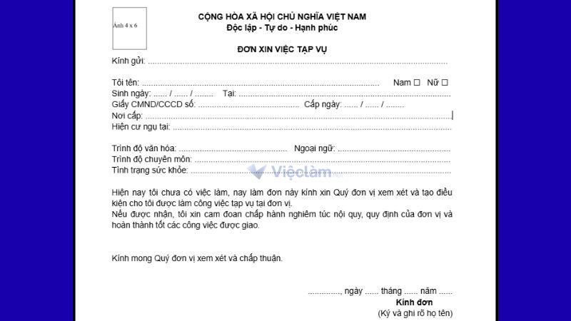 Mẫu đơn xin việc tạp vụ 