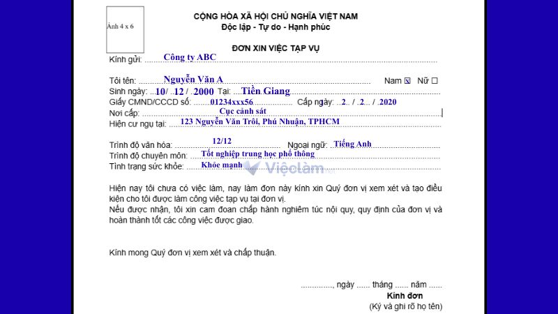 Mẫu đơn xin việc tạp vụ chung cho các vị trí